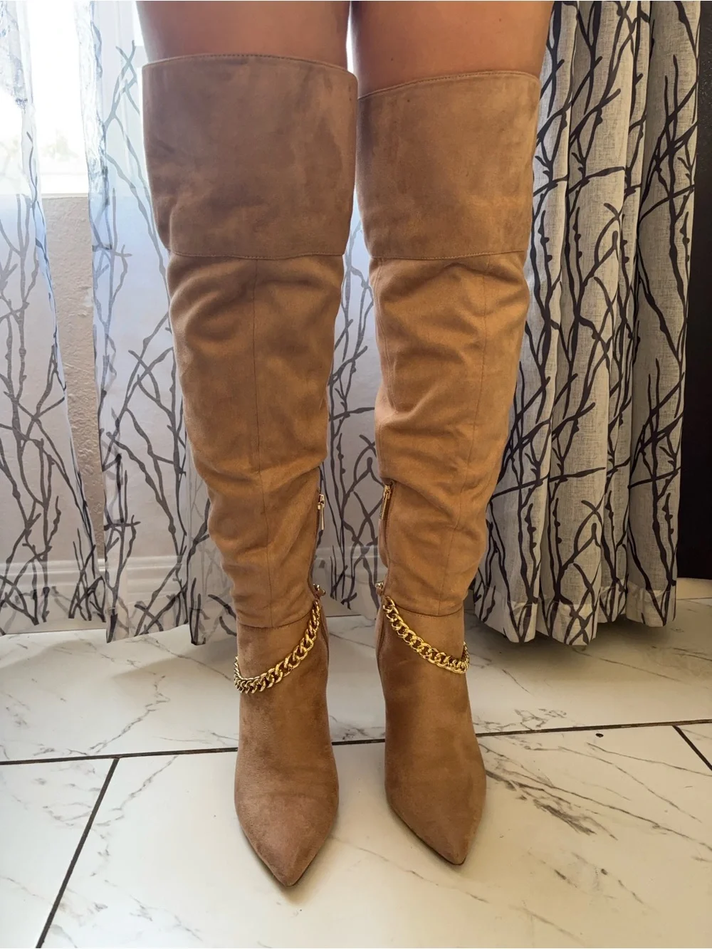 Jessica Simpson Tan Over-The-Knee Stiletto Boots with Gold Chain Trim